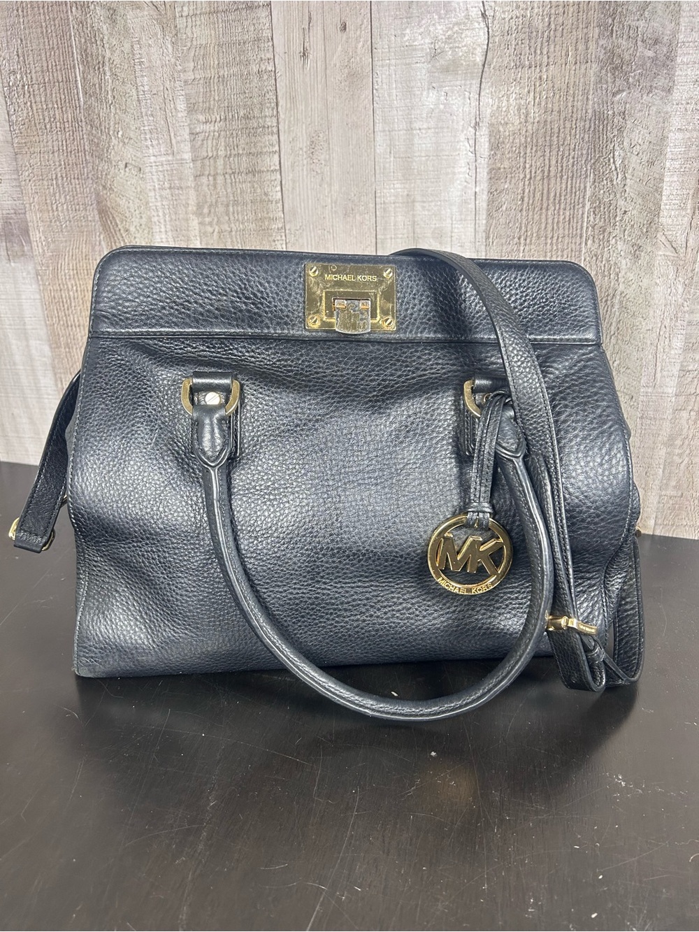 Michael Kors Astrid Black Pebbled Leather Satchel Crossbody Gold Lock Bag